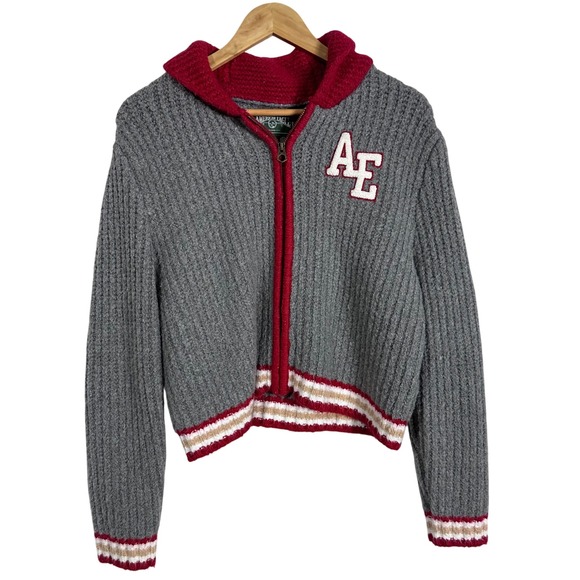 American Eagle Outfitters Sweaters - American Eagle Grey Red Cowl Neck Chunky Knit Varsity Stripe Sweater Womens M